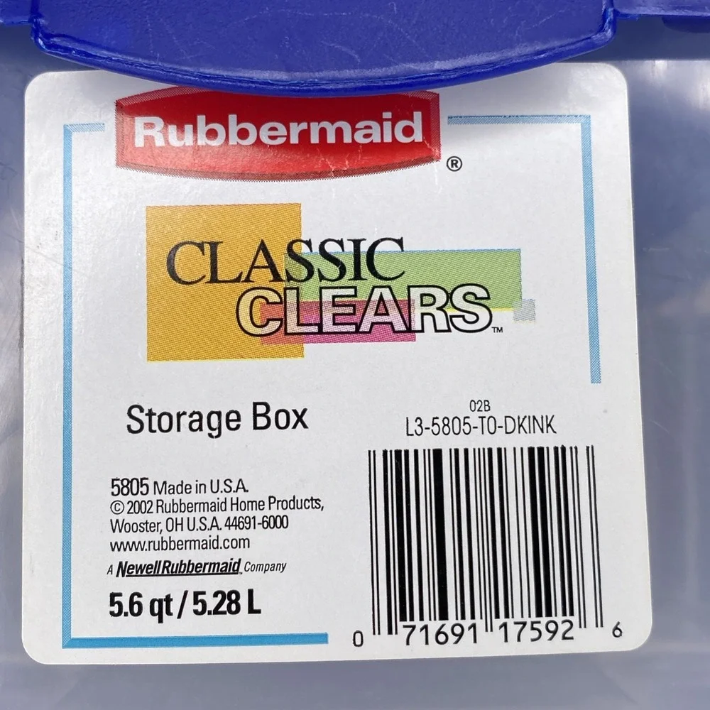 Vtg 2002 Rubbermaid Classic Clears Storage Box #5805 5.6qt/5.28L w Blue Lid